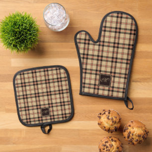 Gemütliches Beige Holzkohle Gray Tartan Mit Monogr Ofenhandschuh & Topflappen-Set