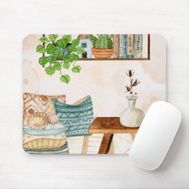 Gemütliches Bohemian-Wohnzimmer-Wasserfarbenkunst Mousepad (Mit Mouse)
