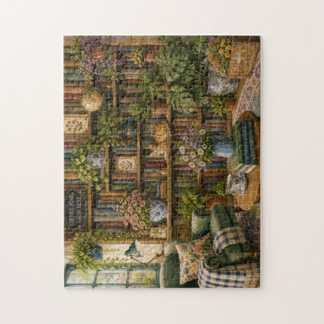 Gemütliches botanisches Buchladen-Katzenpuzzle | W Puzzle (Vertikal)