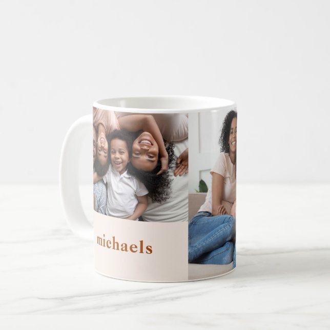 Gemütliches Burnt Orange Zwei Fotos mit Name Kaffeetasse (Vorderseite Links)