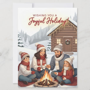 Gemütliches Cabin Familienfeuer Freudendes Foto Feiertagskarte