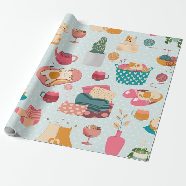 Gemütliches Cats Winterglück Geschenkpapier (Ungerollt)