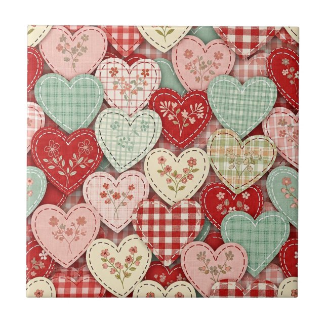 Gemütliches Cottage-Patchwork-Herz-Karodesign Fliese (Vorderseite)