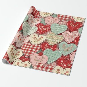 Gemütliches Cottage-Patchwork-Herz-Karodesign Geschenkpapier