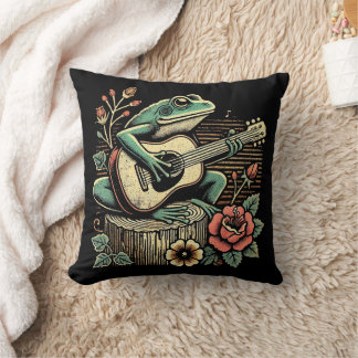 Gemütliches Cottagecore-Frosch-mit-Gitarre-Wurfkis Kissen