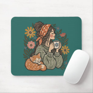 Gemütliches Cottagecore-Katze- und Kaffee-Schreibt Mousepad