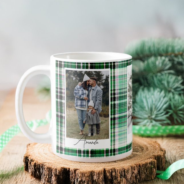Gemütliches dunkles Grün & Minze Kariertes Flannel Kaffeetasse (Cozy Dark Green & Mint Plaid Flannel Family Photo Coffee Mug)
