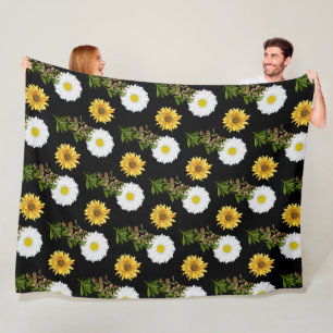 Gemütliches Floral Daisy Sonnenblume auf schwarz Fleecedecke