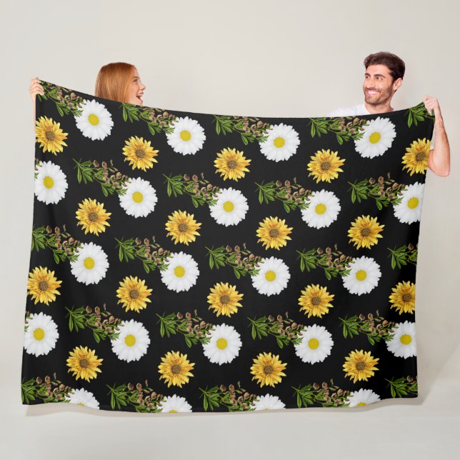 Gemütliches Floral Daisy Sonnenblume auf schwarz Fleecedecke (Beispiel)