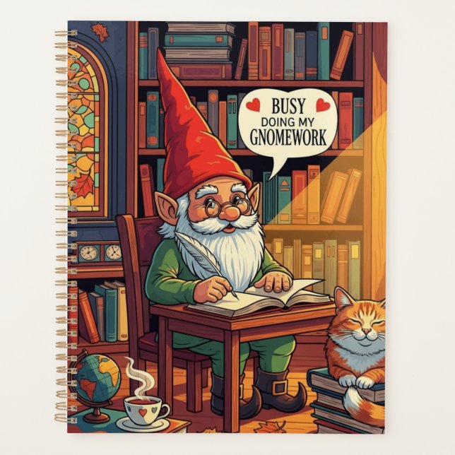 Gemütliches Gnome mit seinem Gnomework Planer (Vorderseite)