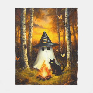 Gemütliches Halloween Ghost & Black Cat Campfire K Fleecedecke