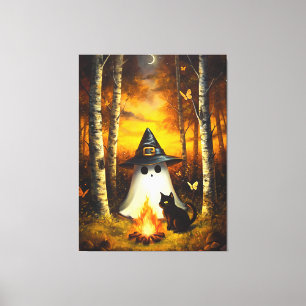 Gemütliches Halloween Ghost & Black Cat Campfire K Leinwanddruck