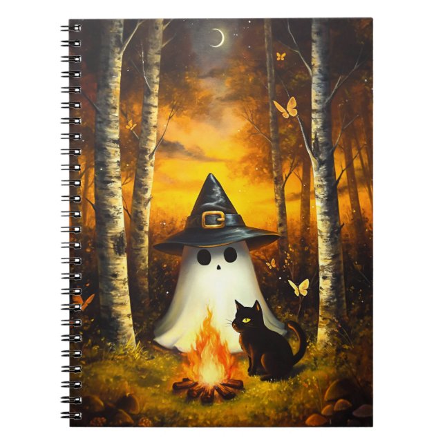 Gemütliches Halloween Ghost & Black Cat Campfire K Notizblock (Vorderseite)