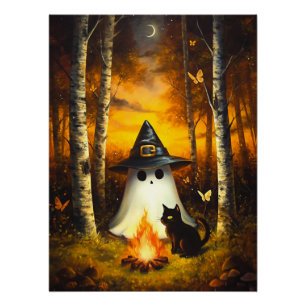 Gemütliches Halloween Ghost & Black Cat Campfire K Poster