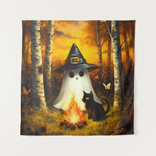 Gemütliches Halloween Ghost & Black Cat Campfire K Wandteppich