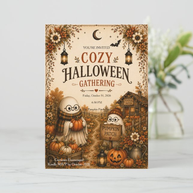 Gemütliches Halloween-Treffen Einladung (Stehend Vorderseite)
