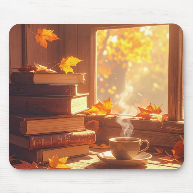 Gemütliches Herbst-Bücher- und Kaffee-Mauspad Mousepad (Vorne)
