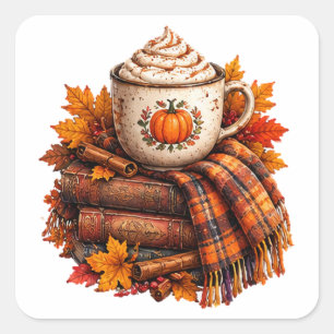 Gemütliches Herbst-Pumpkin-Latte-Bücher-Design Quadratischer Aufkleber