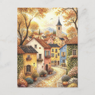 Gemütliches Herbstdorf Wasserfarben-Grußkarte Postkarte