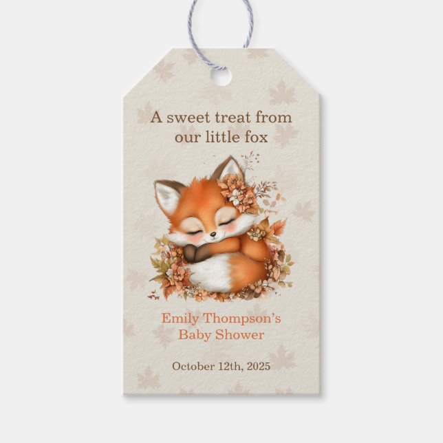 Gemütliches Herbstfox Babydusche Gemütliches Woodl Geschenkanhänger (Vorderseite)