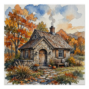 Gemütliches Herbsthaus-Aquarell-Herbstlandschaftsk Poster