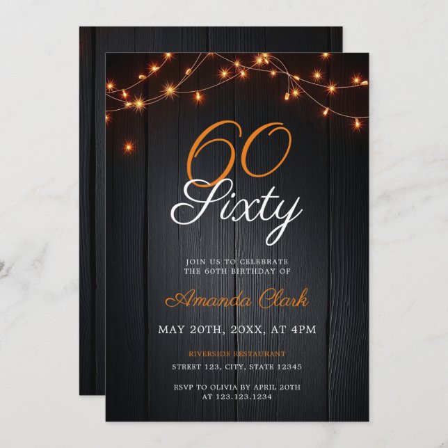 Gemütliches Holz-Hintergrund-Leuchten 60. Geburtst Einladung (Vorne/Hinten)