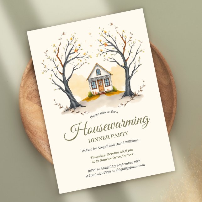 Gemütliches Hütte Haushaltshaume Abendessen Party Einladung (Cozy Housewarming Dinner Party Invitation – Autumn Cottage Theme Invitation)