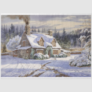 Gemütliches Hütte Landschaft Winter WasserfarbenDe Seidenpapier