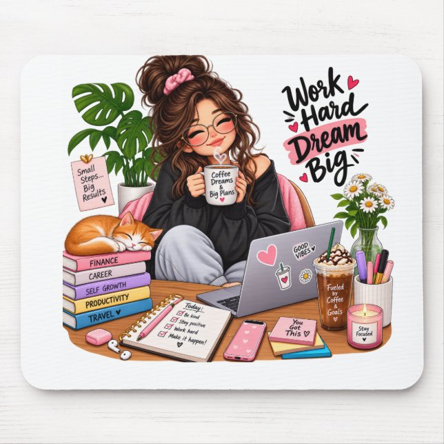 Gemütliches Kaffee-Studien-Mädchen – Hart arbeiten Mousepad (Vorne)