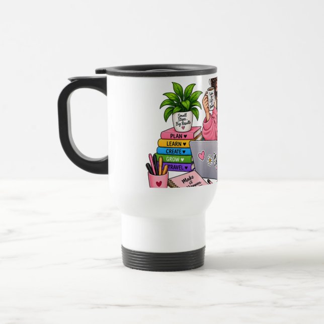 Gemütliches Kaffee-Studien-Mädchen – Hart arbeiten Reisebecher (Links)