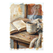 Gemütliches Kaffee- und Buch-Aquarellposter | Hygg