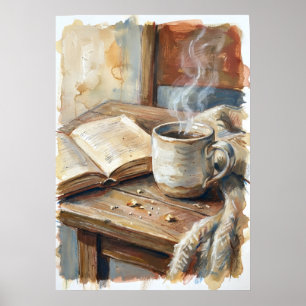 Gemütliches Kaffee- und Buch-Aquarellposter   Hygg Poster