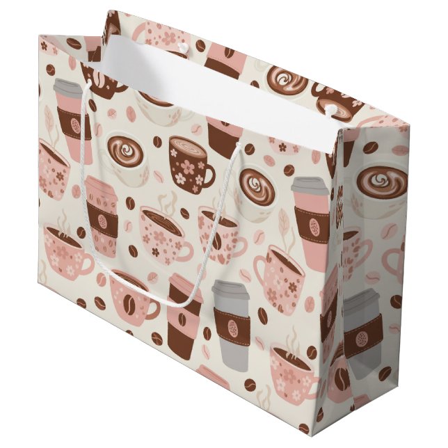 Gemütliches Kaffeetassen-Muster (10) Große Geschenktüte (Vorderseite Schrägansicht)