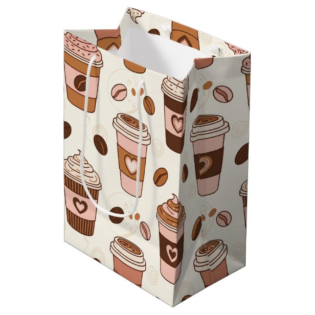 Gemütliches Kaffeetassen-Muster (12) Mittlere Geschenktüte (Vorderseite Schrägansicht)