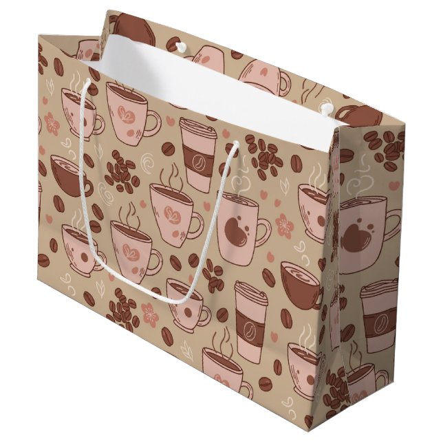 Gemütliches Kaffeetassen-Muster (7) Große Geschenktüte (Vorderseite Schrägansicht)