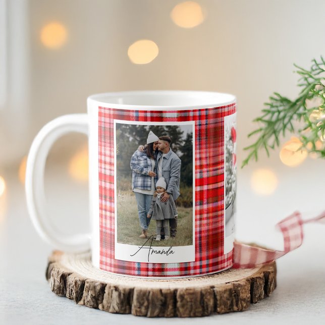 Gemütliches, Kariertes Foto der Flannel-Familie in Kaffeetasse (Cozy Red and White Plaid Flannel Family Photo Coffee Mug)