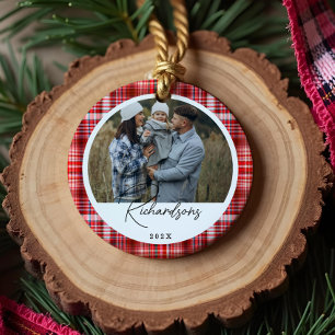 Gemütliches Kariertes, rotes und weißes Stoff Foto Keramik Ornament