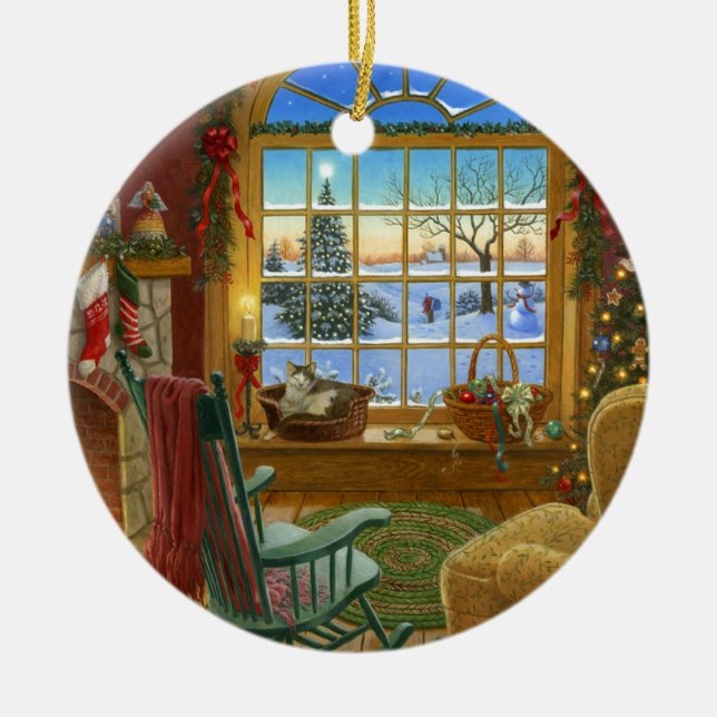 Gemütliches Katze Weihnachten Keramikornament (Vorne)