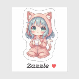 Gemütliches Kawaii-Anime-Mädchen mit Katzenpullove Aufkleber