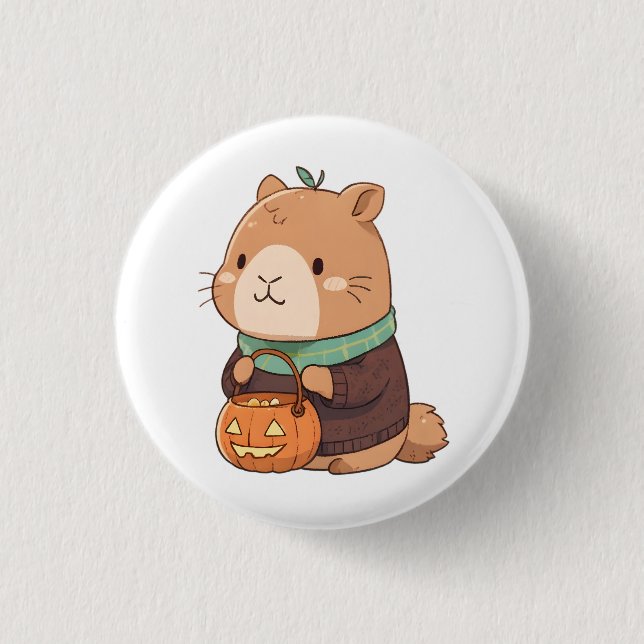 Gemütliches Kürbis-Pullover Capybara Herbstlaub Button (Vorderseite)