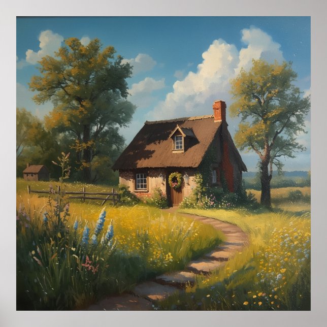 Gemütliches Landhaus-Ölgemälde - Blumenwiese  Poster (Vorne)