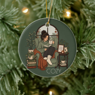 Gemütliches Mädchen Kaffee Bücher Regentage Vintag Keramik Ornament