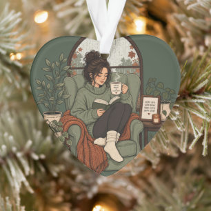 Gemütliches Mädchen Kaffee Bücher Regentage Vintag Ornament