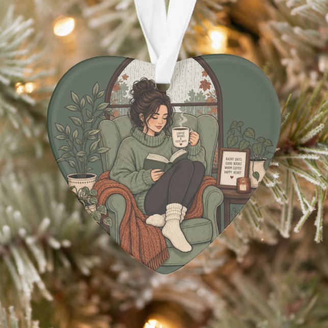 Gemütliches Mädchen Kaffee Bücher Regentage Vintag Ornament (Baum)