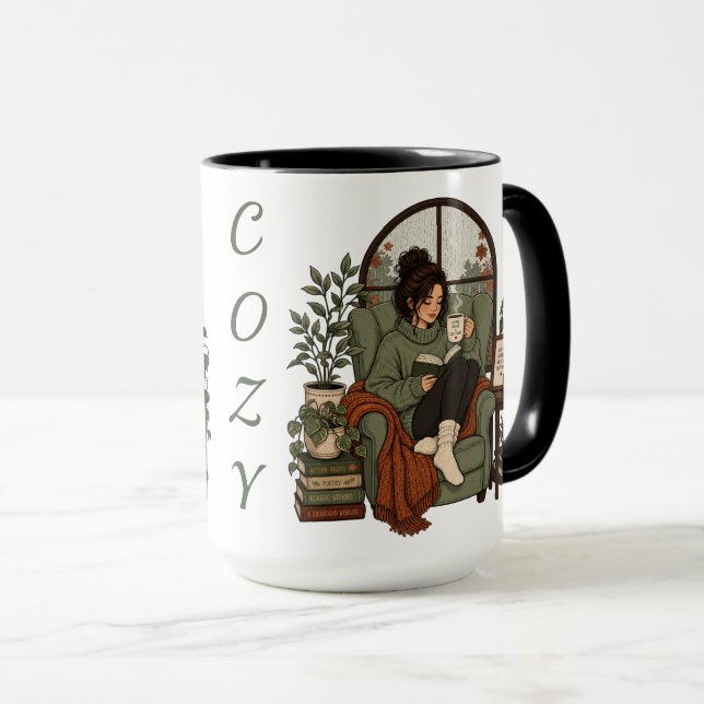 Gemütliches Mädchen Kaffee Bücher Regentage Vintag Tasse (VorderseiteRechts)