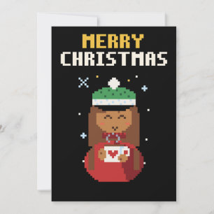 Gemütliches Mädchen-Kakao-Pixel-Art-Weihnachtskart Feiertagskarte