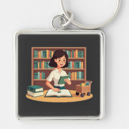 Gemütliches Mädchen liest Bücherregal Schlüsselanhänger