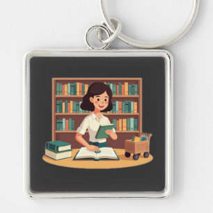 Gemütliches Mädchen liest Bücherregal Schlüsselanhänger