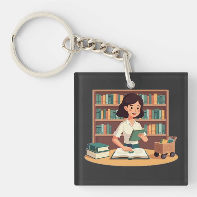 Gemütliches Mädchen liest Bücherregal Schlüsselanhänger (Vorderseite)