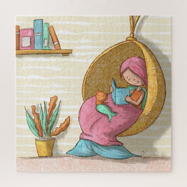 Gemütliches Mermaid Reading mit Cat Mermaid Illust Puzzle (Vertikal)